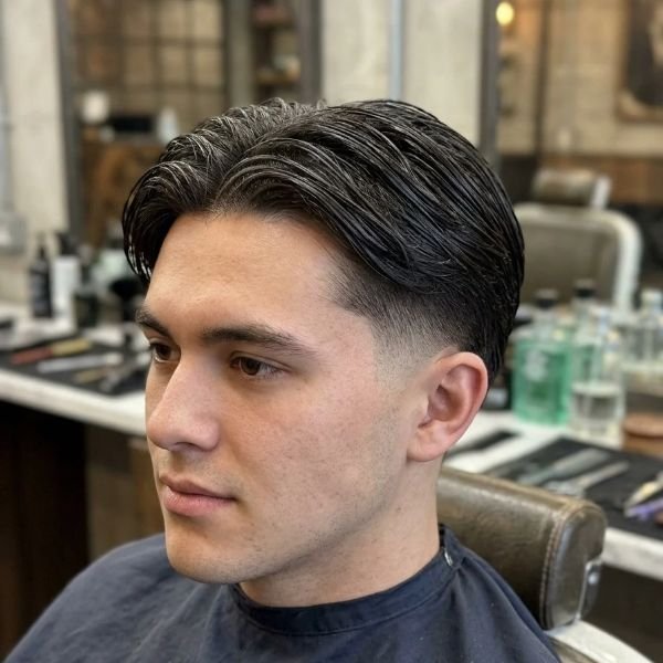 3. Wet-Look Middle Part Mid Taper